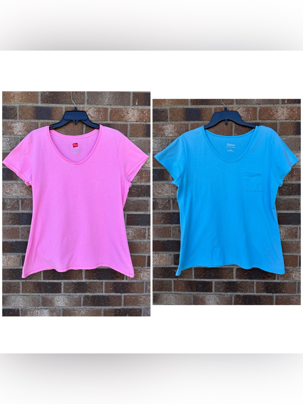 Two Hanes V-Neck tees, one blue with a pocket & one pink, size L